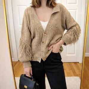 Dee Elly Cardigan Sweater Womens S Beige Boho Fringe Western Button Chunky Knit
